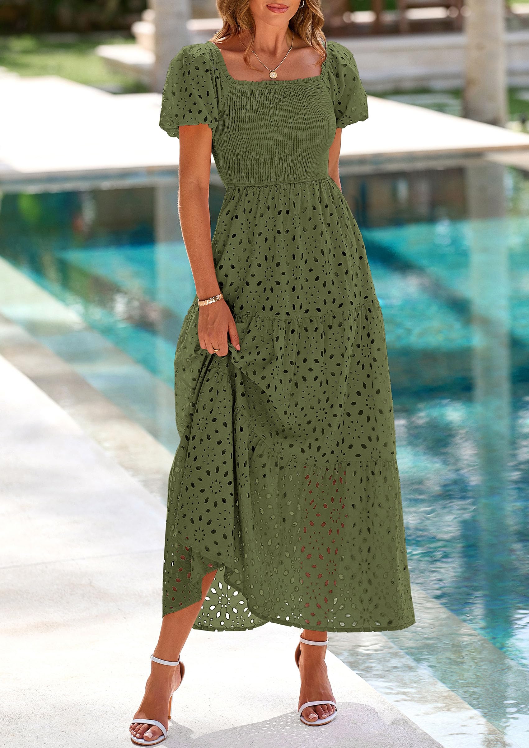 PRETTYGARDEN Dresses for Women Eyelet Square Neck Puff Sleeve Smocked Wedding Guest Maxi Dress with Pockets