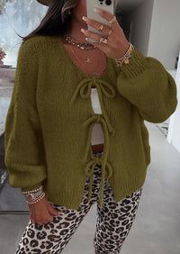 PRETTYGARDEN Women's Tie Front Bow Cardigan Sweaters Chunky Knit Long Puff Sleeve Trendy Fall Winter Jacket Coats