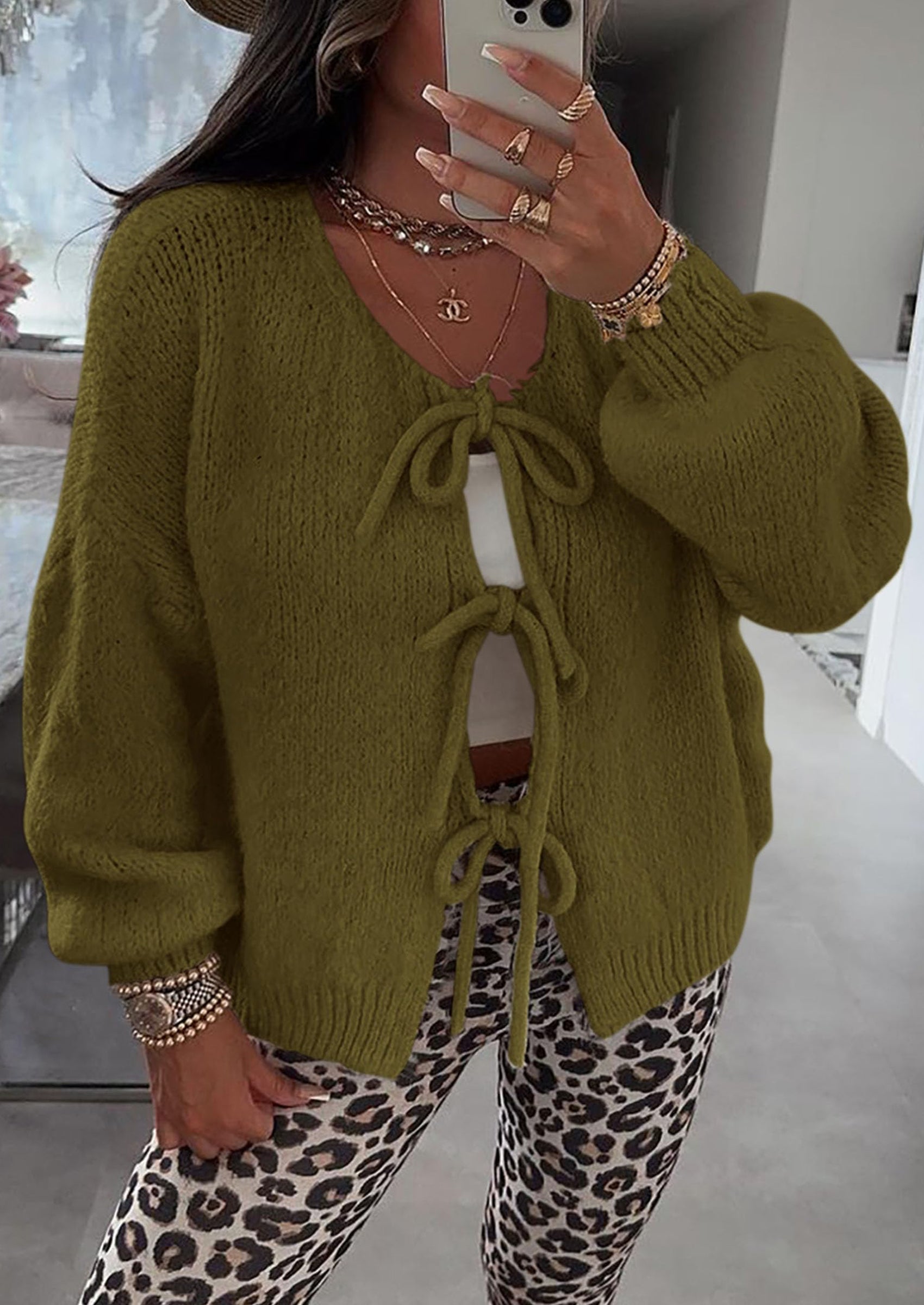 PRETTYGARDEN Women's Tie Front Bow Cardigan Sweaters Chunky Knit Long Puff Sleeve Trendy Fall Winter Jacket Coats