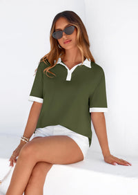 PRETTYGARDEN Summer Short Sleeve Polo Shirts for Women Collared V Neck Work Dressy Tops Knit Loose Business Casual Outfits PRETTYGARDEN