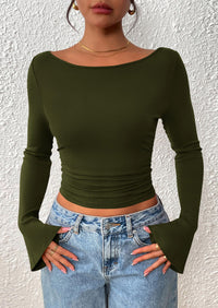 PRETTYGARDEN Women's Long Sleeve Shirts Fall Going Out Tops Casual Boat Neck Bell Sleeve Ribbed Ruched Y2K Clothes