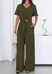 PRETTYGARDEN Women 2 Piece Summer Outfits Short Sleeve Strappy Top Wide Leg Pants Tracksuit Lounge Sets Beach Clothes PRETTYGARDEN