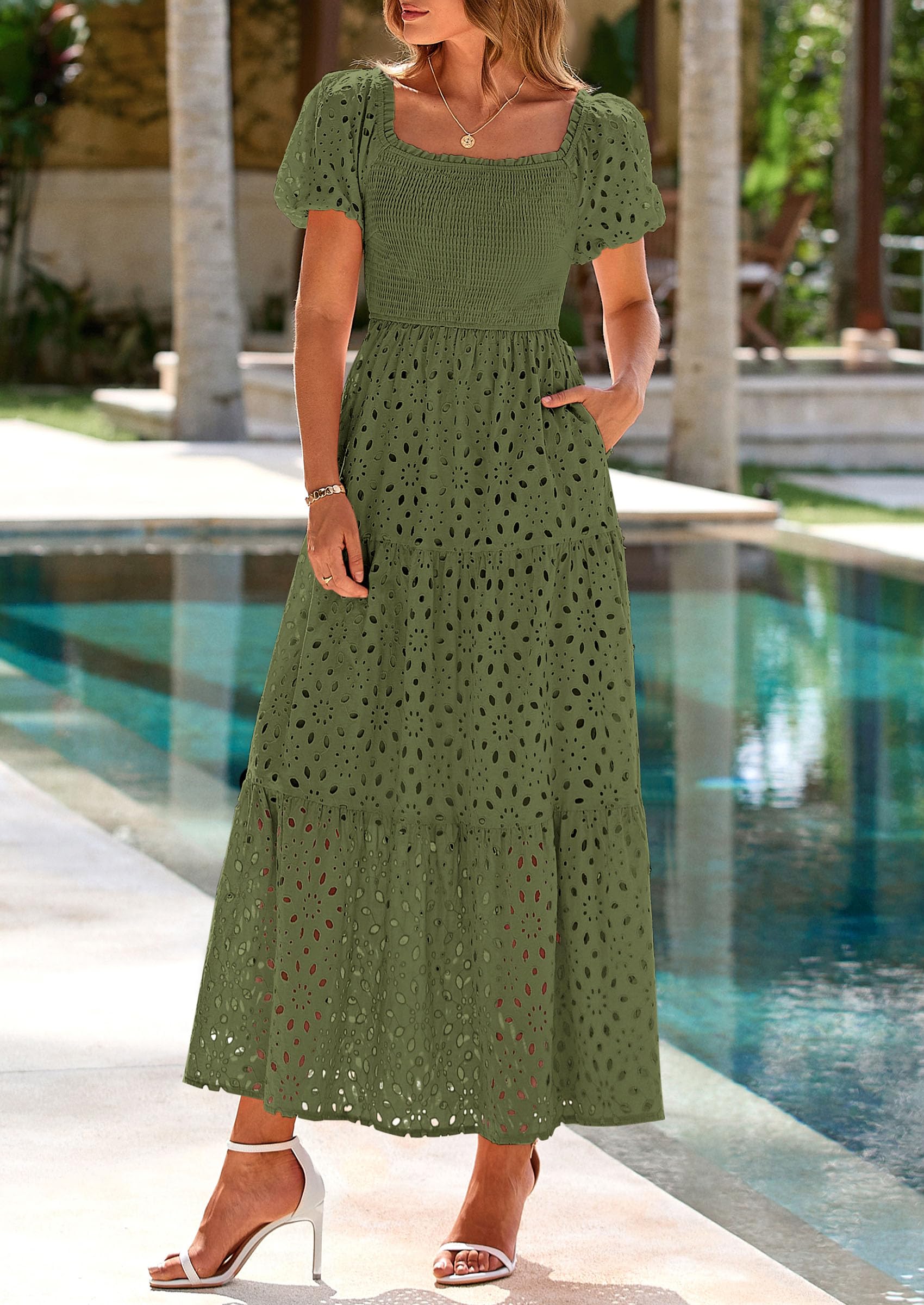 PRETTYGARDEN Dresses for Women Eyelet Square Neck Puff Sleeve Smocked Wedding Guest Maxi Dress with Pockets