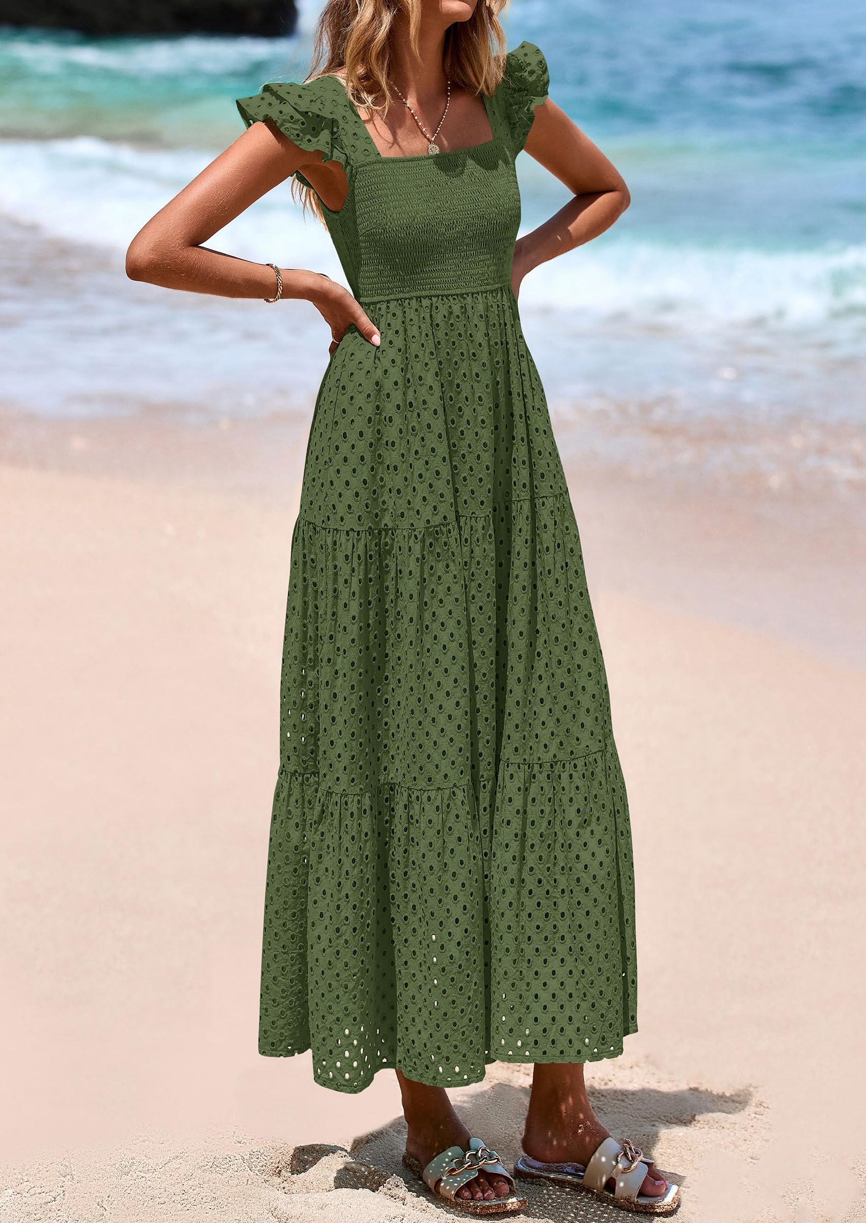 PRETTYGARDEN Womens Square Neck Maxi Dresses Cap Sleeve Eyelet Smocked PRETTYGARDEN Womens Square Neck Maxi Dresses Cap Sleeve Eyelet Smocked