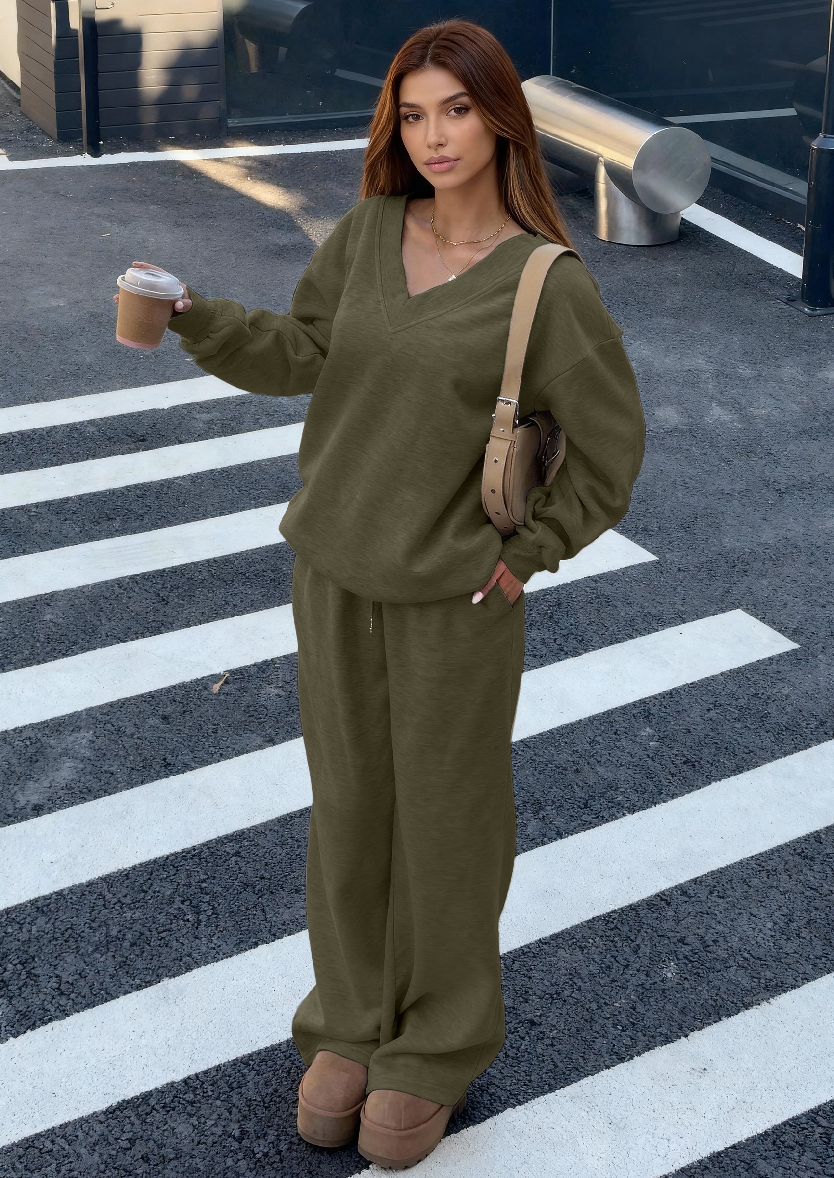 WHAT WE WANT 2点セット PRETTYGARDEN Casual Winter Two Piece Sets for Women V Neck Sweatshirt