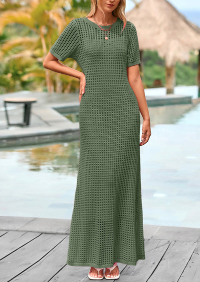 PRETTYGARDEN Womens Eyelet Cover Up Dress Summer Vacation Resort Maxi Dresses Beach Short Sleeve Hollow Out Sundress