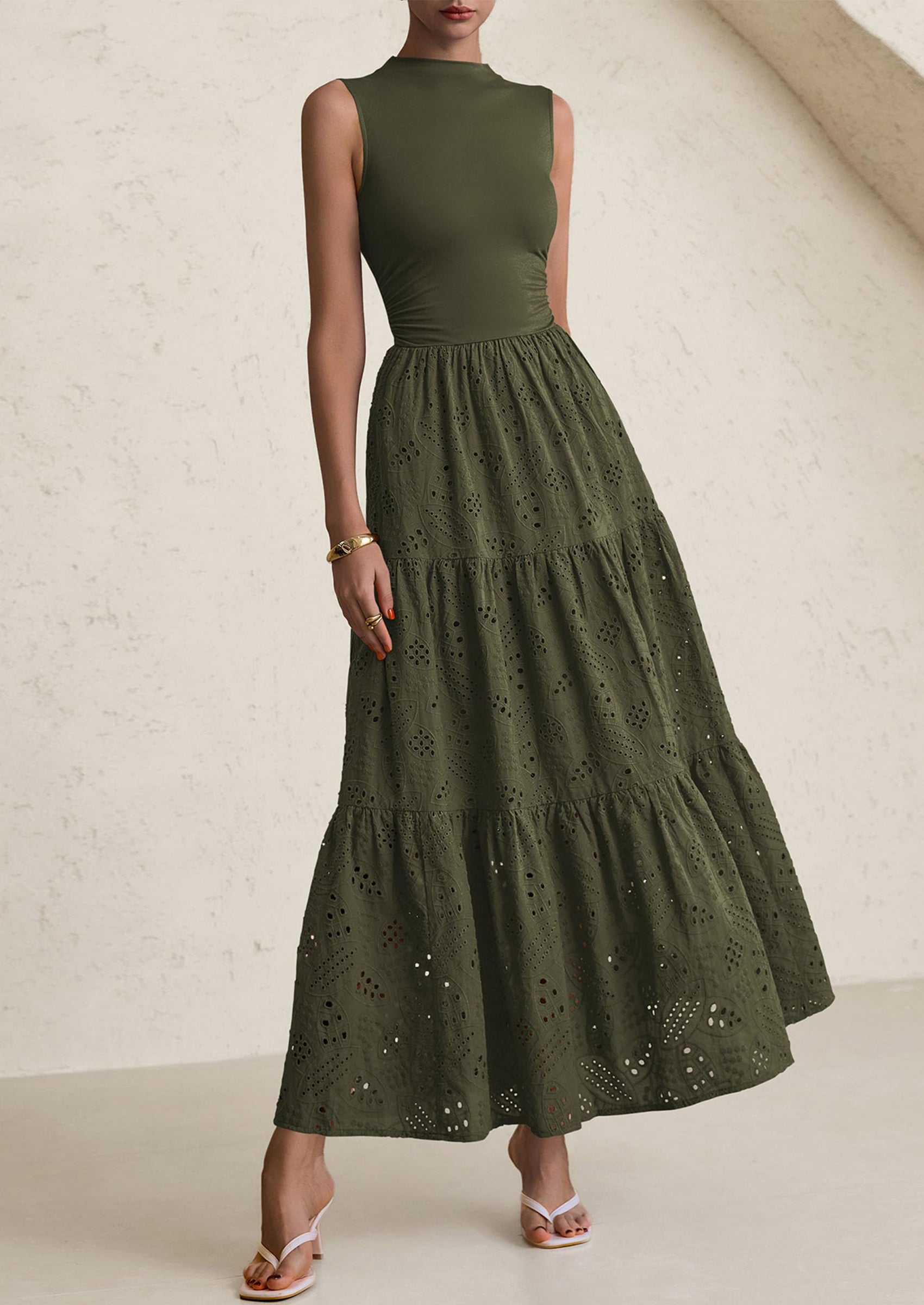 PRETTYGARDEN Dresses for Women Casual Eyelet Sleeveless Wedding Guest Maxi Dress Tank Top Sundress with Pockets