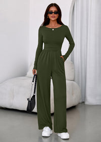 PRETTYGARDEN One Piece Jumpsuits for Women Dressy Casual Long Sleeve Crewneck Wide Leg Romper Overalls Spring Outfits
