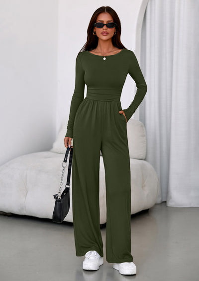 PRETTYGARDEN One Piece Jumpsuits for Women Dressy Casual Long Sleeve Crewneck Wide Leg Romper Overalls Spring Outfits