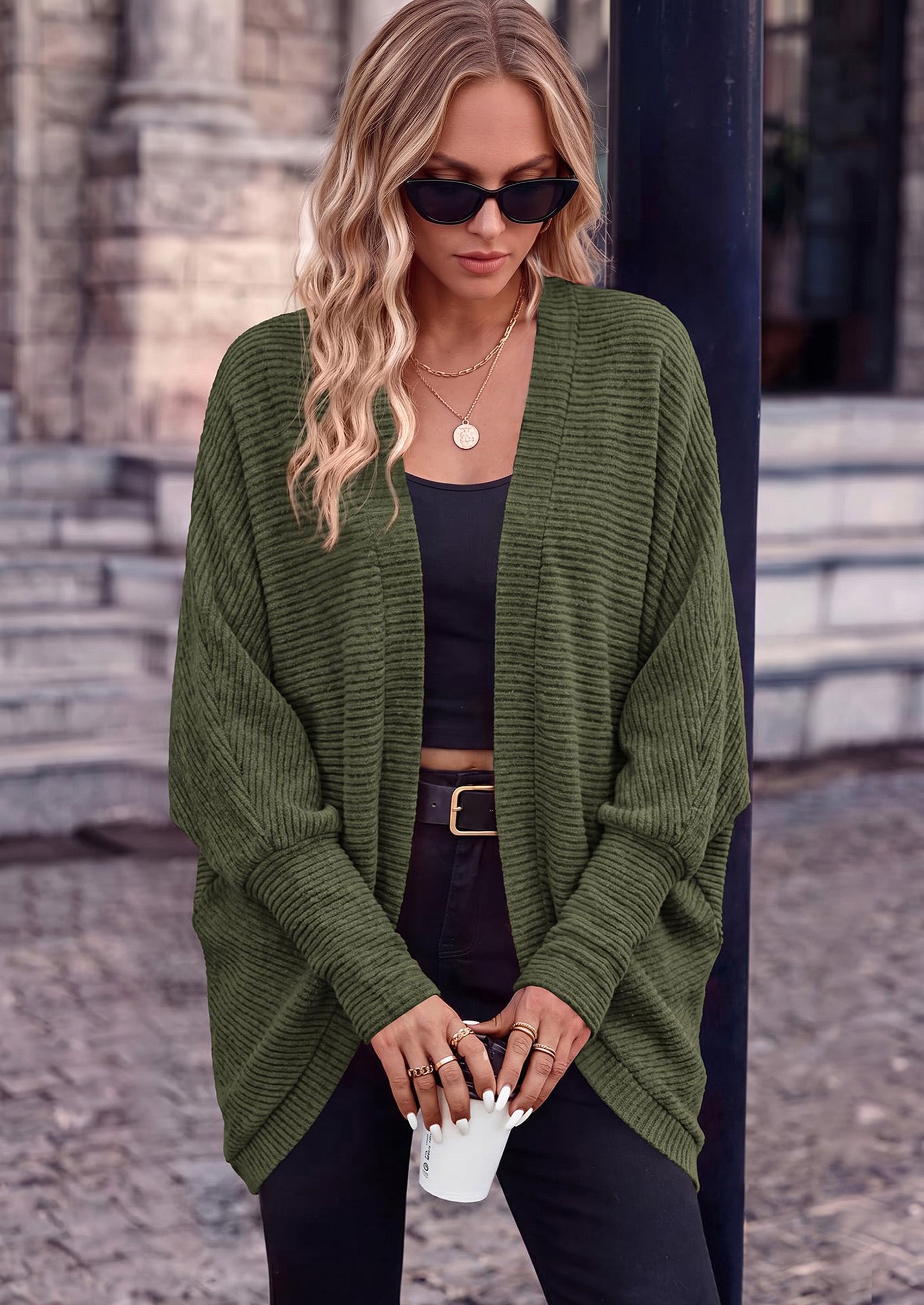 PRETTYGARDEN Batwing Long Sleeve Lightweight Cardigan Sweaters for Women Batwing Sleeve Long Cardigans Loose Fit Soft Ribbed Knit Light Weight Sweater Early Fall Fashion Streetwear Travel Outfits