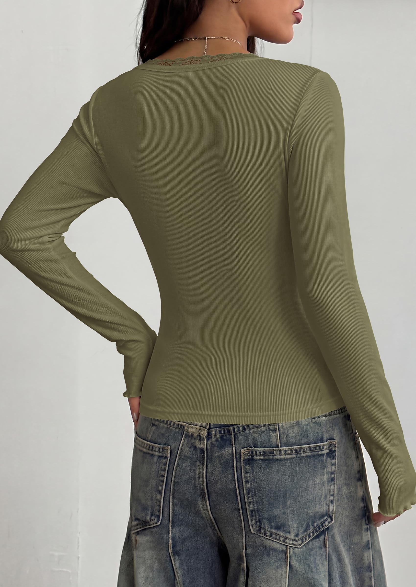 PRETTYGARDEN Womens Fall Long Sleeve Tops Lace Trim V Neck Button Henley Tshirts Slim Fitted Going Out Y2k Basic Shirts 2026