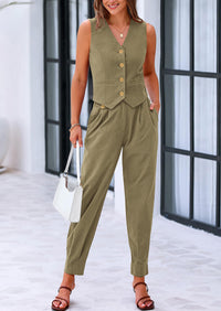 PRETTYGARDEN Two Piece V Neck Button Front Cropped Tank Tops Vest Pockets Pants Cotton Sets