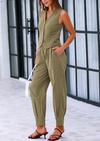 PRETTYGARDEN Two Piece V Neck Button Front Cropped Tank Tops Vest Pockets Pants Cotton Sets