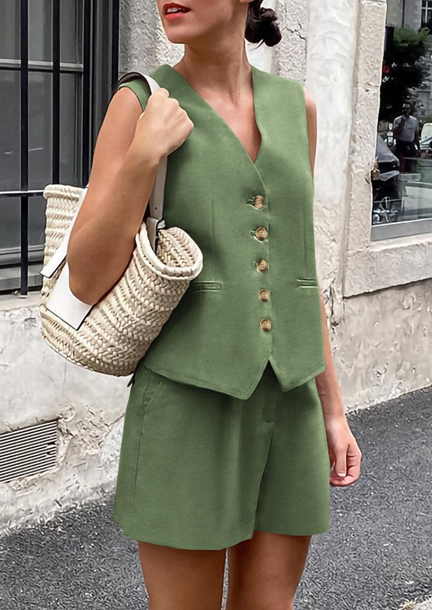 PRETTYGARDEN Women's Summer 2 Piece Outfits Sleeveless Matching Sets Button Down V Neck Vest Waistcoat and Pockets Shorts