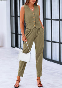 PRETTYGARDEN Two Piece V Neck Button Front Cropped Tank Tops Vest Pockets Pants Cotton Sets