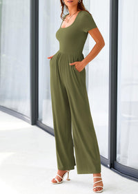 PRETTYGARDEN Women's Summer One Piece Jumpsuits Dressy Casual Short Sleeve Square Neck Wide Leg Jumpsuit Rompers