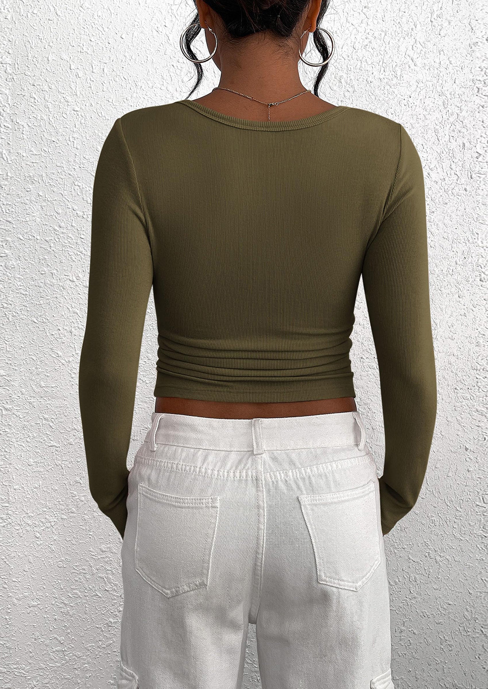 BTFBM Women Long Sleeve Shirts Fall Tops V Neck Button Up Slim Fit Ribbed Knit Solid Color Casual Shirts