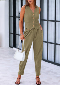 PRETTYGARDEN Two Piece V Neck Button Front Cropped Tank Tops Vest Pockets Pants Cotton Sets