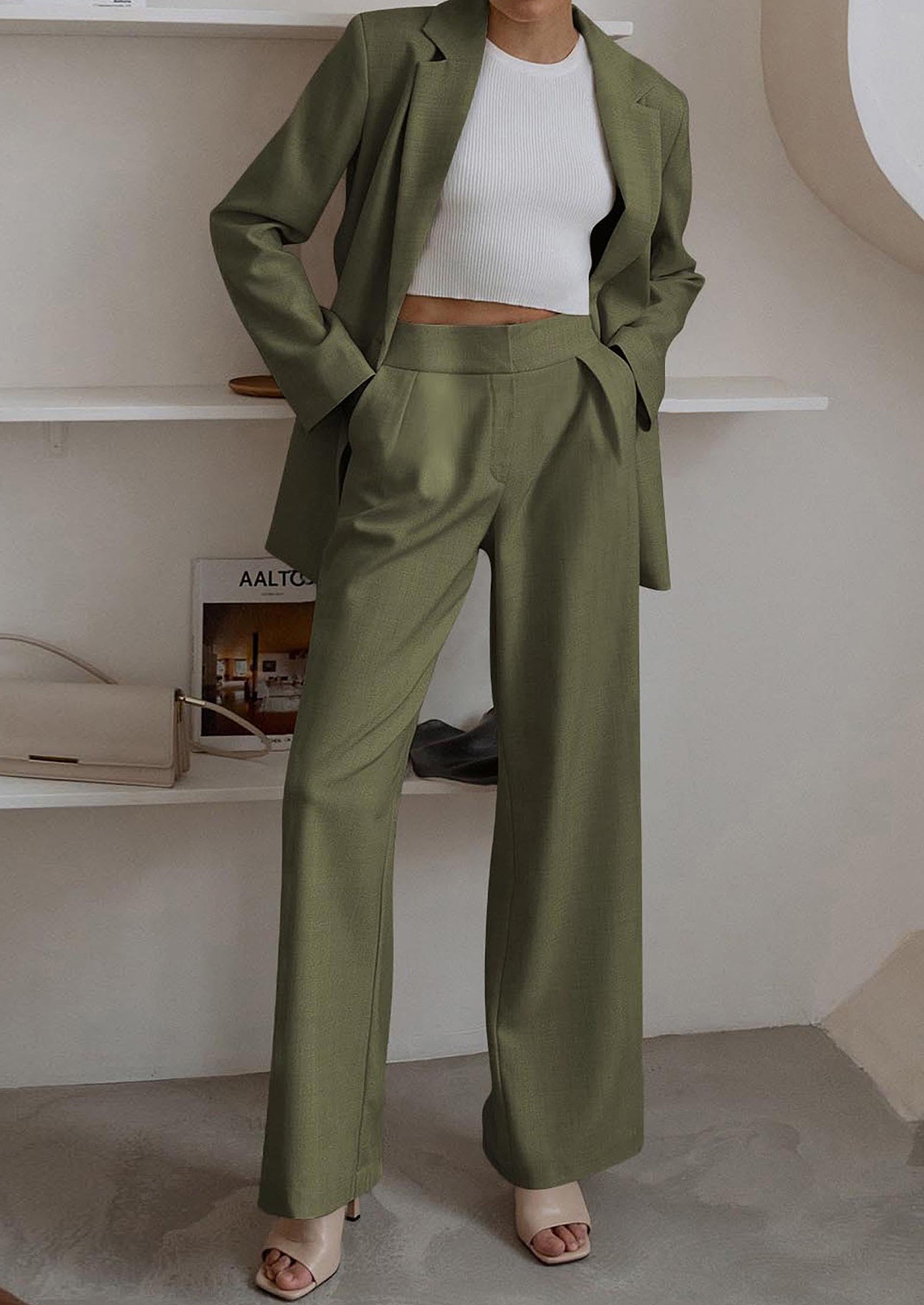 PRETTYGARDEN Women's Fall Two Piece Outfits Dressy Blazer Jacket and Wide Leg Pants Pockets Business Casual Office Suit Sets