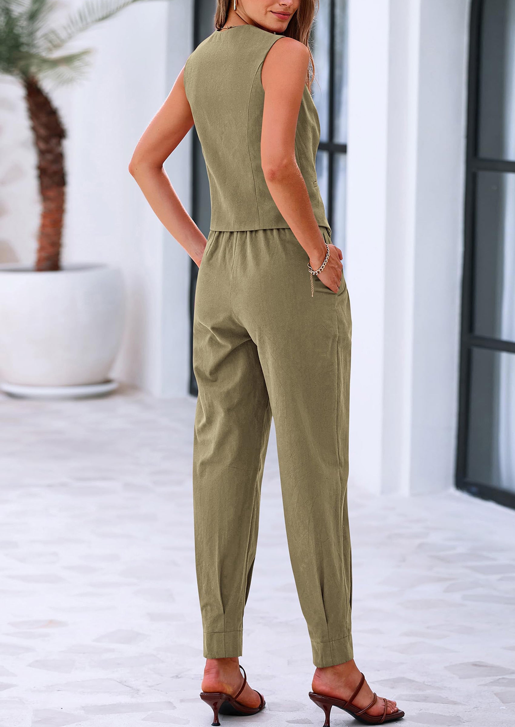 PRETTYGARDEN Two Piece V Neck Button Front Cropped Tank Tops Vest Pockets Pants Cotton Sets