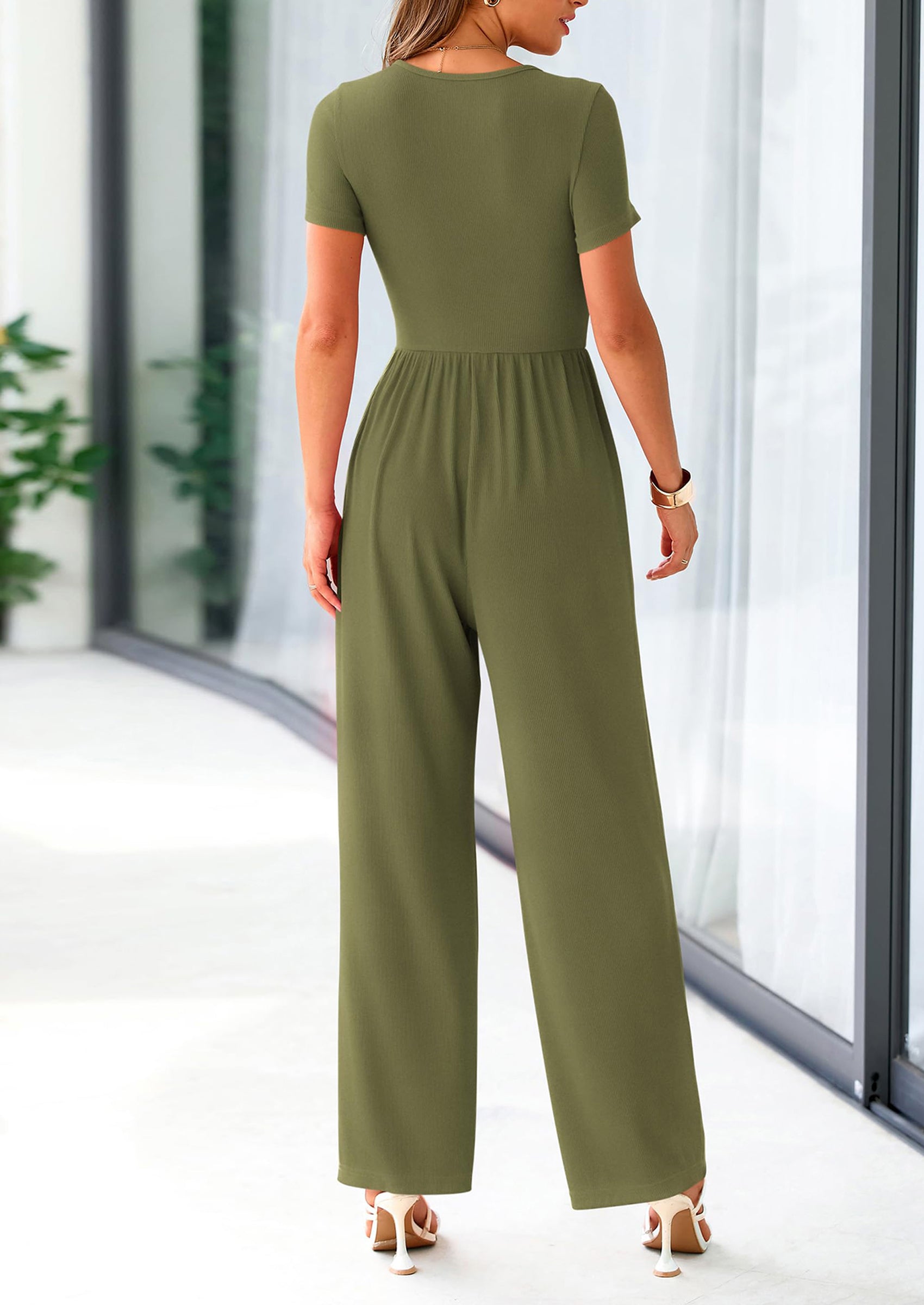 PRETTYGARDEN Women's Summer One Piece Jumpsuits Dressy Casual Short Sleeve Square Neck Wide Leg Jumpsuit Rompers