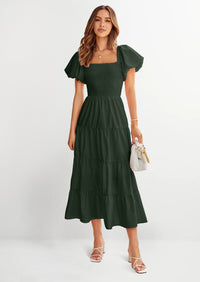 PRETTYGARDEN Women's Summer Casual Midi Dress Puffy Short Sleeve Square Neck Smocked Tiered Ruffle Dresses