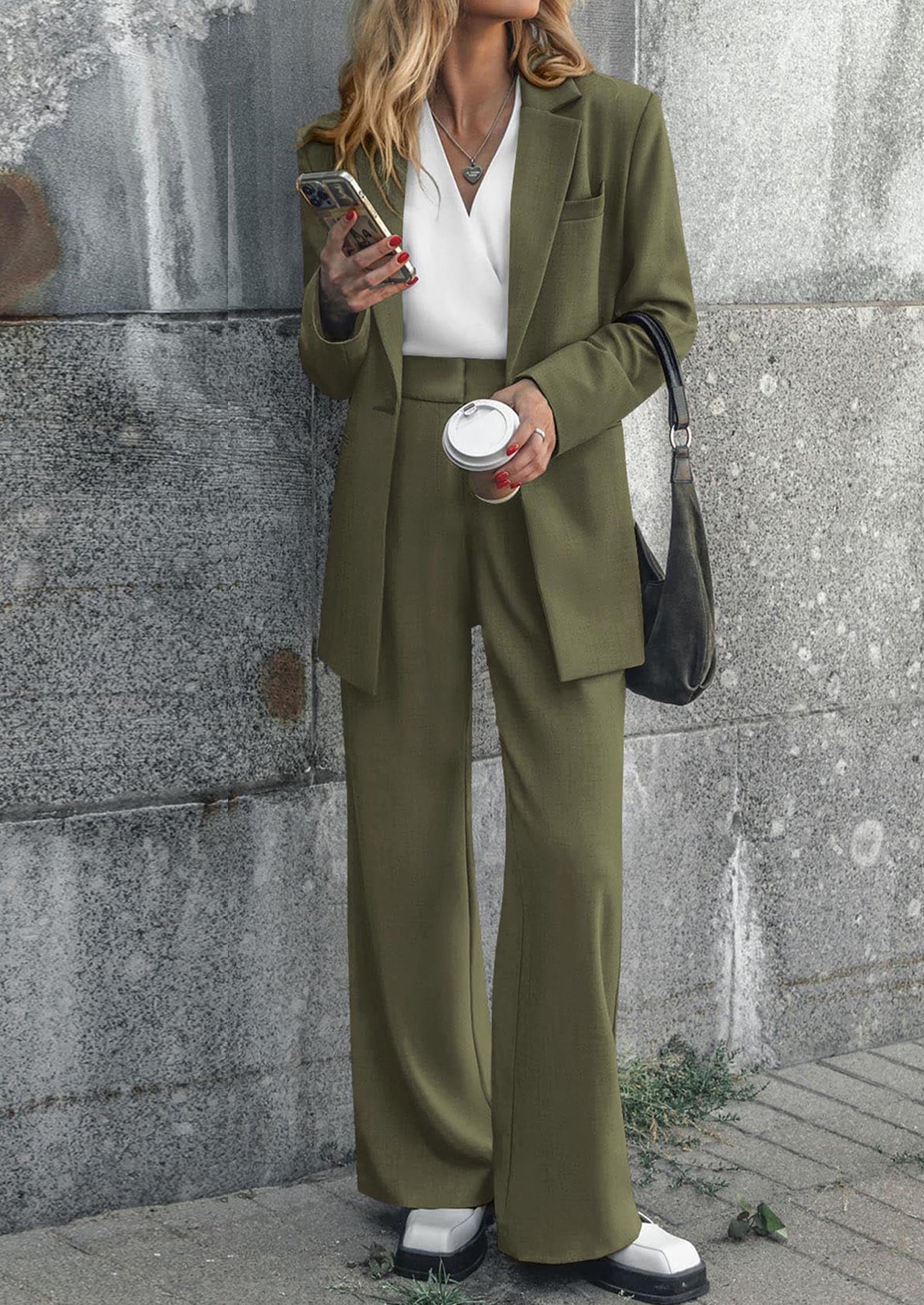 PRETTYGARDEN Women's Fall Two Piece Outfits Dressy Blazer Jacket and Wide Leg Pants Pockets Business Casual Office Suit Sets