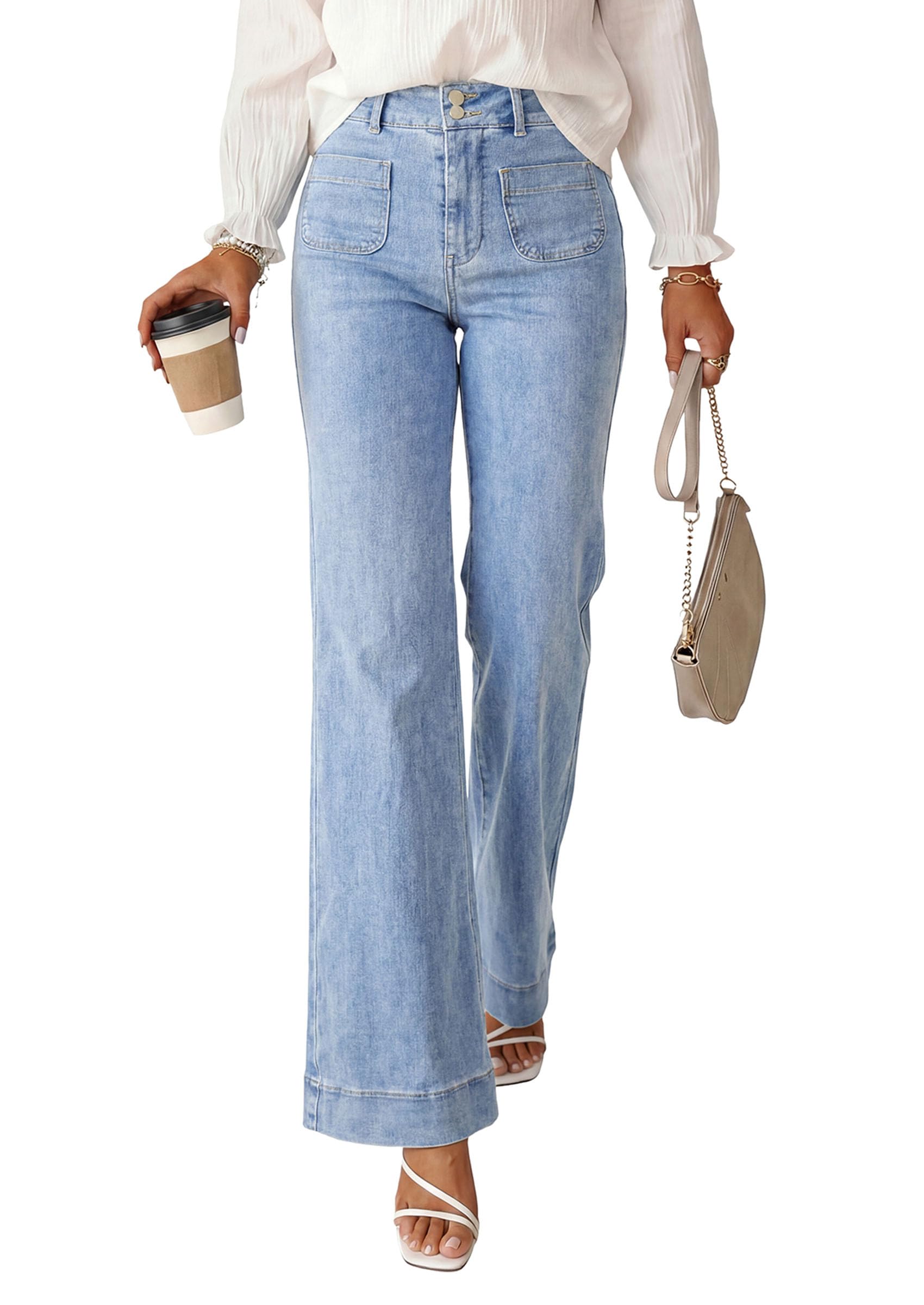 PRETTYGARDEN Womens Wide Leg Jeans High Waisted Stretchy|High Rise Bootcut Jeans with Front Patch Pockets, Loose Fit Daily Wear Denim, Trendy Work Pants, Business Casual Outfits