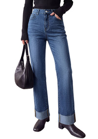 PRETTYGARDEN Women's Baggy Denim Jeans Wide Leg Pants | Stretchy High Waisted, Straight Leg Pockets, Cuffed Raw Hem Boyfriend, Trendy Bottoms, Fall Fashion Clothes, Casual Outfits