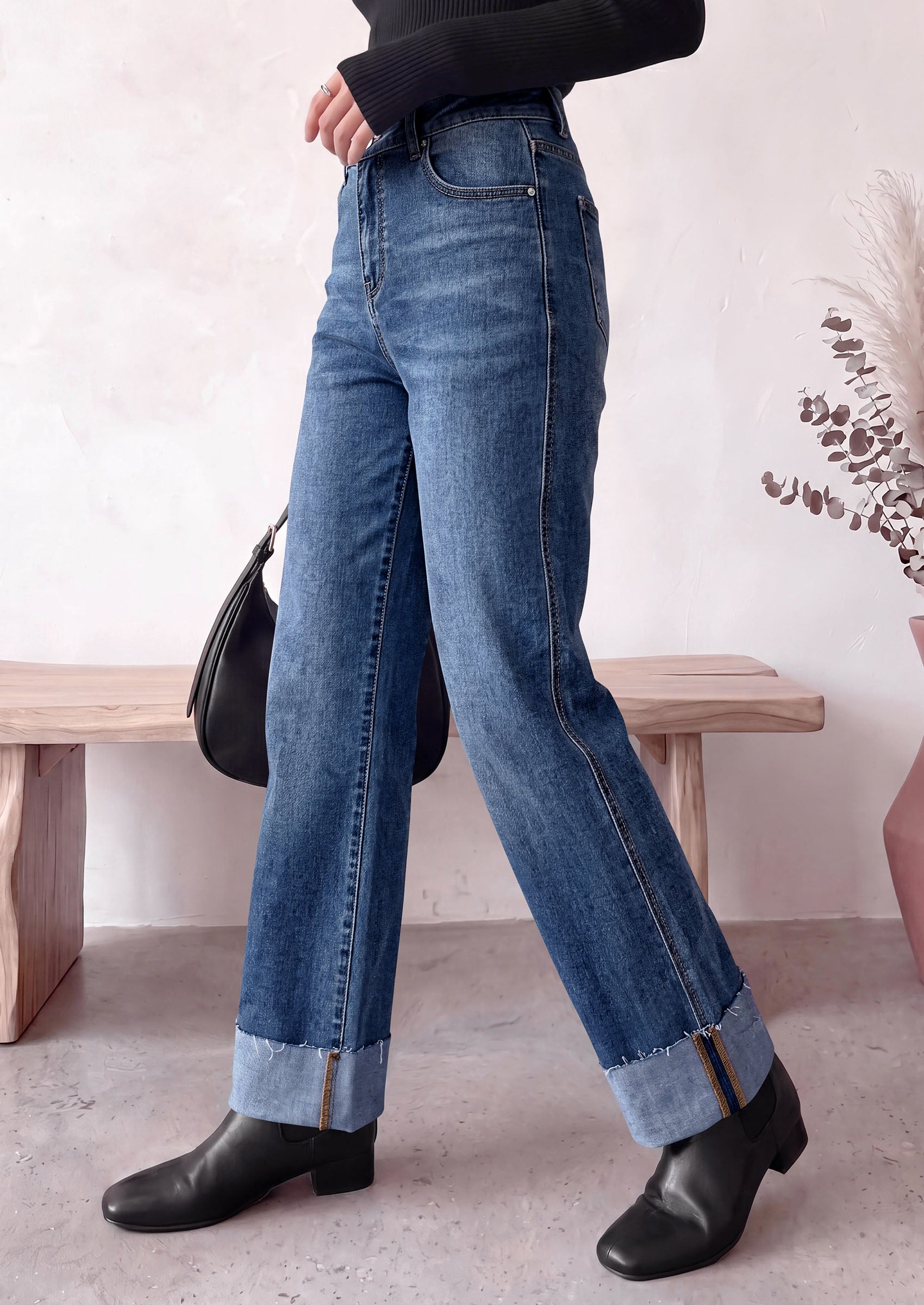 PRETTYGARDEN Women's Baggy Denim Jeans Wide Leg Pants | Stretchy High Waisted, Straight Leg Pockets, Cuffed Raw Hem Boyfriend, Trendy Bottoms, Fall Fashion Clothes, Casual Outfits
