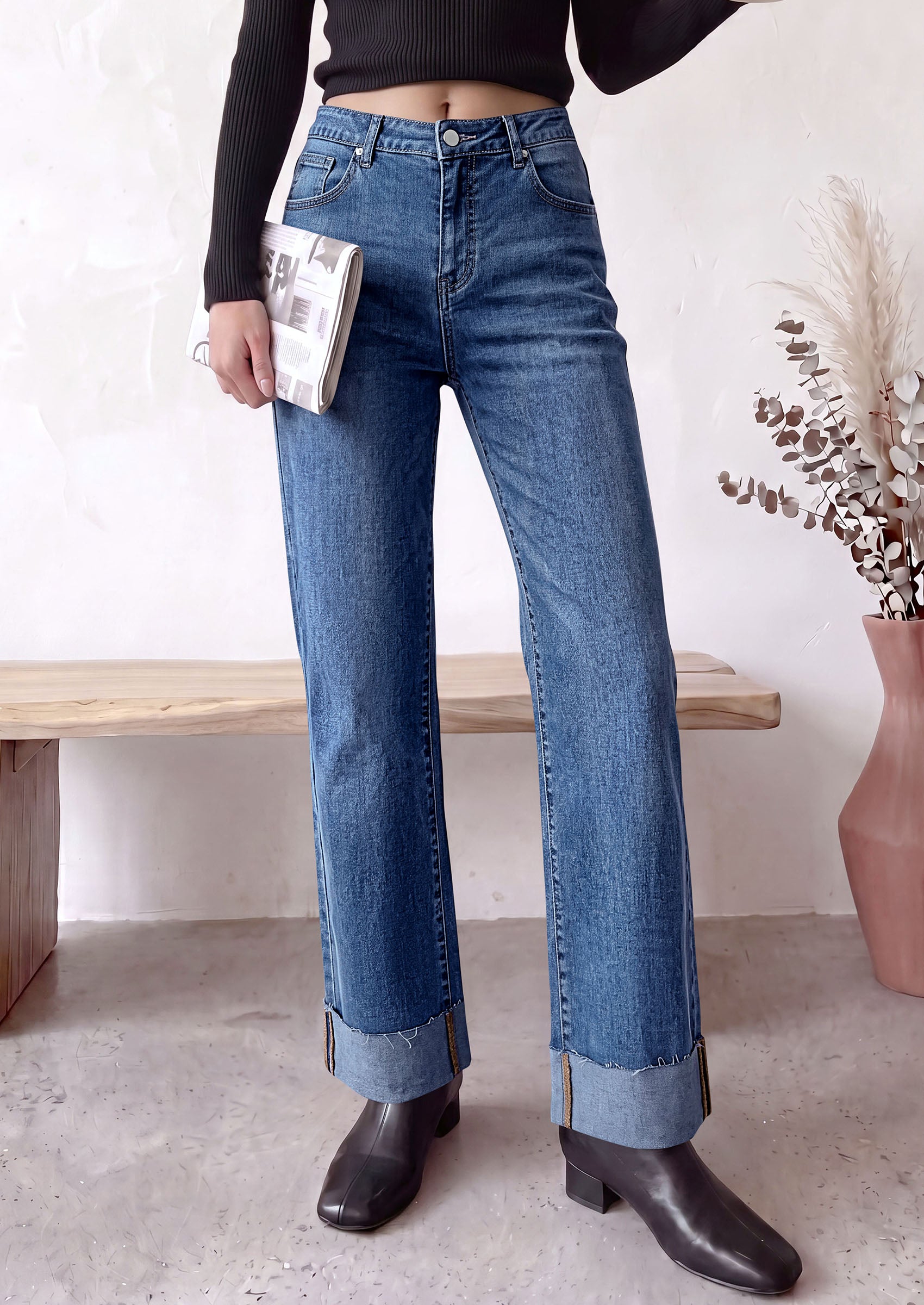 PRETTYGARDEN Women's Baggy Denim Jeans Wide Leg Pants | Stretchy High Waisted, Straight Leg Pockets, Cuffed Raw Hem Boyfriend, Trendy Bottoms, Fall Fashion Clothes, Casual Outfits