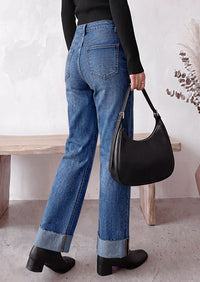 PRETTYGARDEN Women's Baggy Denim Jeans Wide Leg Pants | Stretchy High Waisted, Straight Leg Pockets, Cuffed Raw Hem Boyfriend, Trendy Bottoms, Fall Fashion Clothes, Casual Outfits