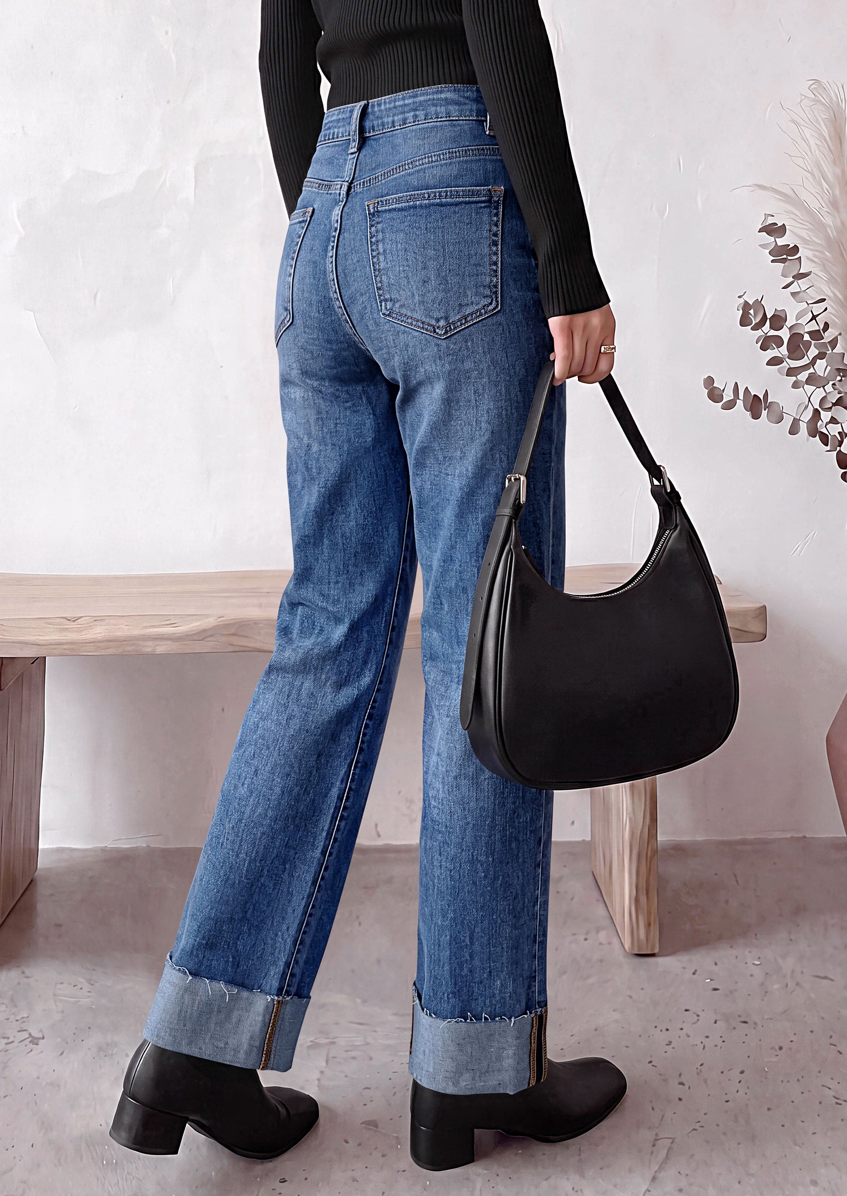 PRETTYGARDEN Women's Baggy Denim Jeans Wide Leg Pants | Stretchy High Waisted, Straight Leg Pockets, Cuffed Raw Hem Boyfriend, Trendy Bottoms, Fall Fashion Clothes, Casual Outfits
