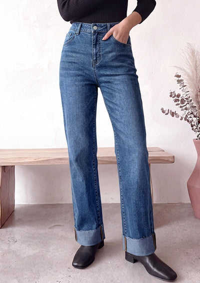 PRETTYGARDEN Women's Baggy Denim Jeans Wide Leg Pants | Stretchy High Waisted, Straight Leg Pockets, Cuffed Raw Hem Boyfriend, Trendy Bottoms, Fall Fashion Clothes, Casual Outfits