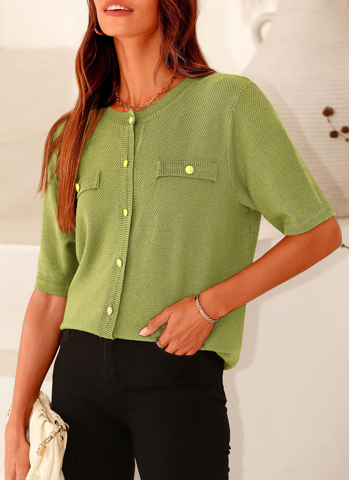 Button Down Casual Short Sleeve Crew Neck Ribbed Knit Shirts