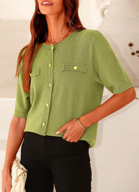 Summer Button Down Shirts Casual Short Sleeve Crew Neck Ribbed Knit Blouse Top Cardigans