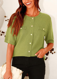 Button Down Casual Short Sleeve Crew Neck Ribbed Knit Shirts