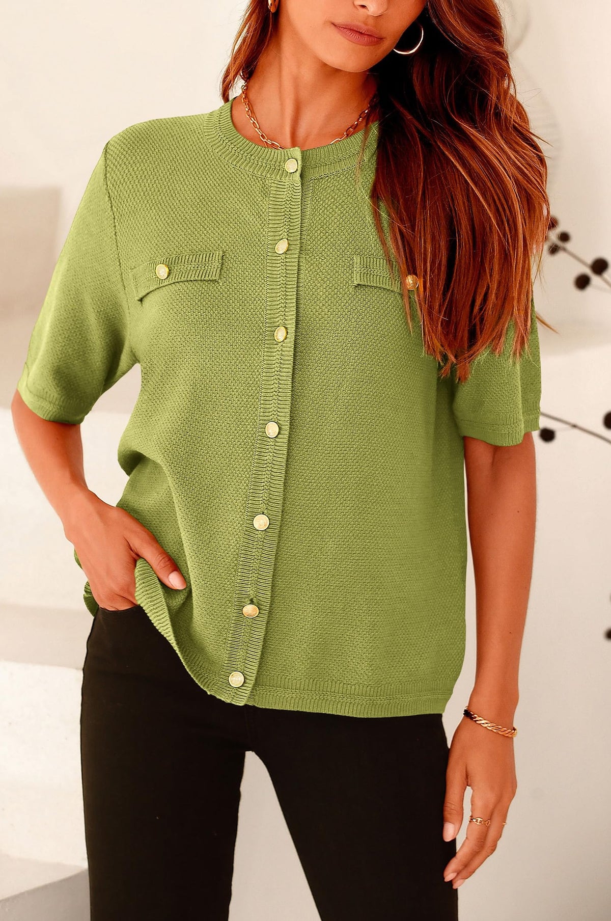 Button Down Casual Short Sleeve Crew Neck Ribbed Knit Shirts