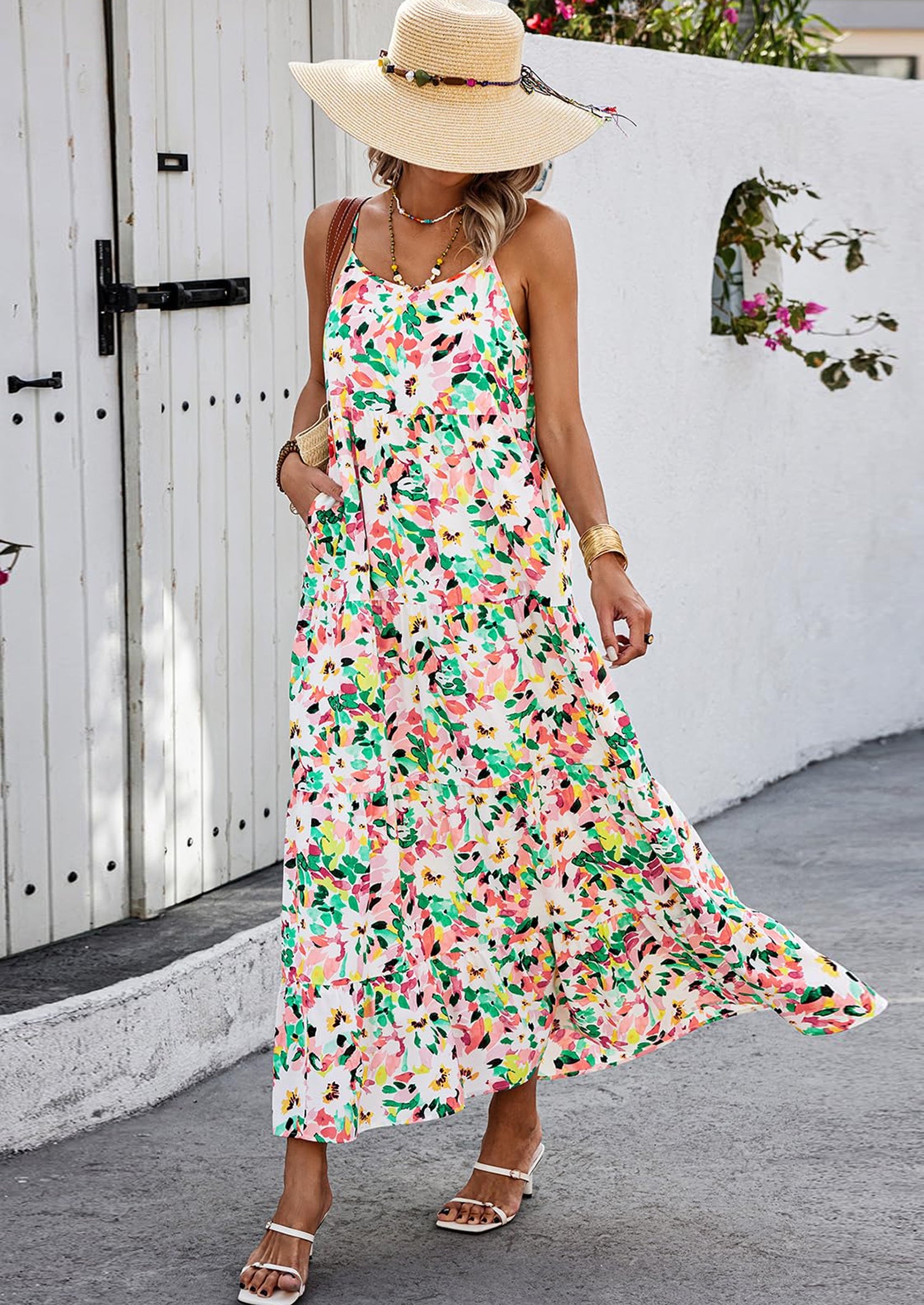 PRETTYGARDEN Women Summer Dresses Spaghetti Strap Scoop Neck Floral Maxi Dress Flowy Boho Long Sundress with Pockets