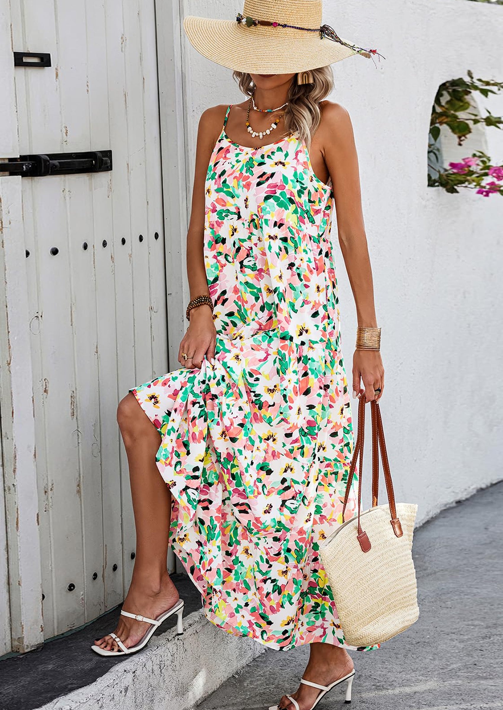 PRETTYGARDEN Women Summer Dresses Spaghetti Strap Scoop Neck Floral Maxi Dress Flowy Boho Long Sundress with Pockets
