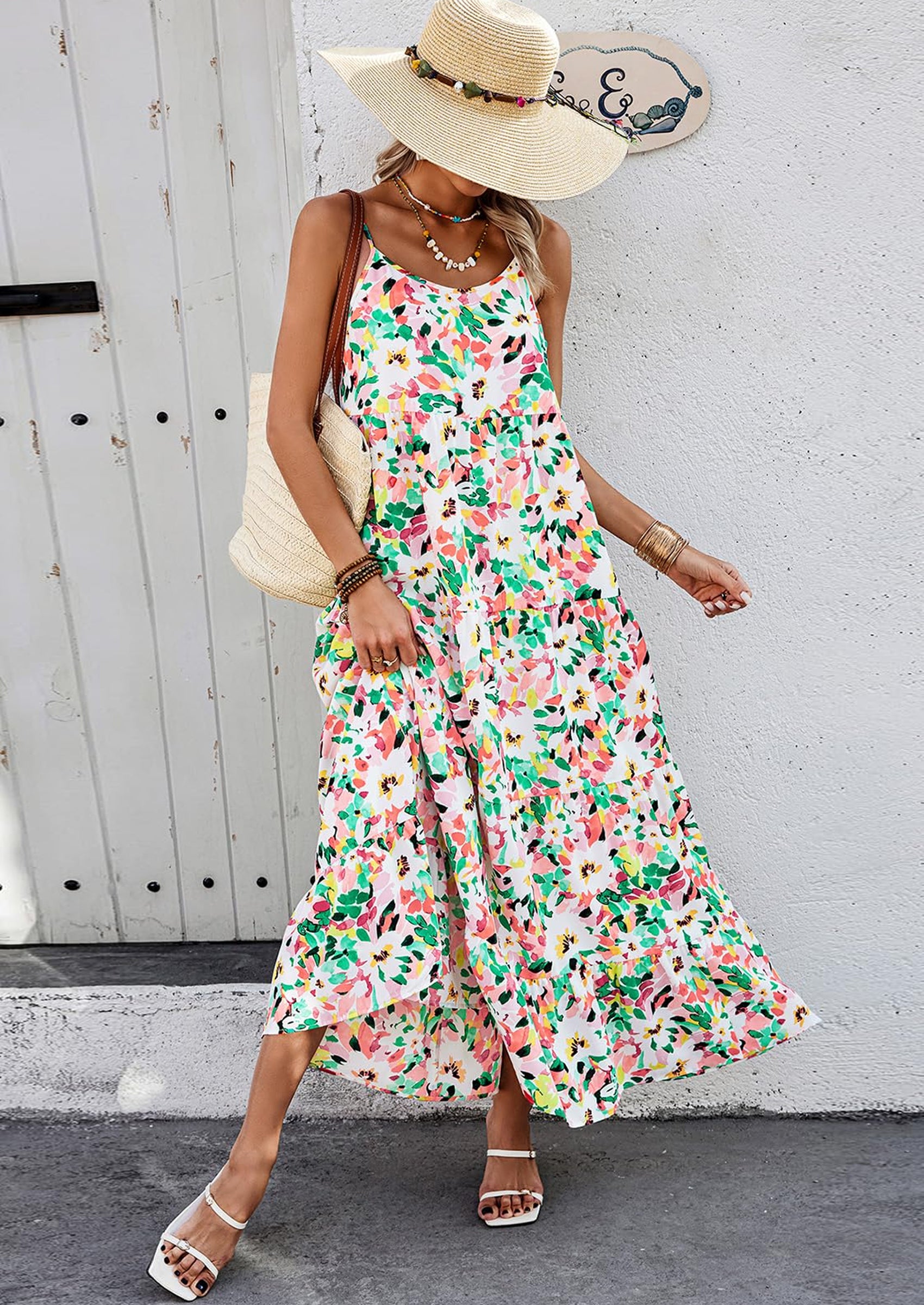 PRETTYGARDEN Women Summer Dresses Spaghetti Strap Scoop Neck Floral Maxi Dress Flowy Boho Long Sundress with Pockets