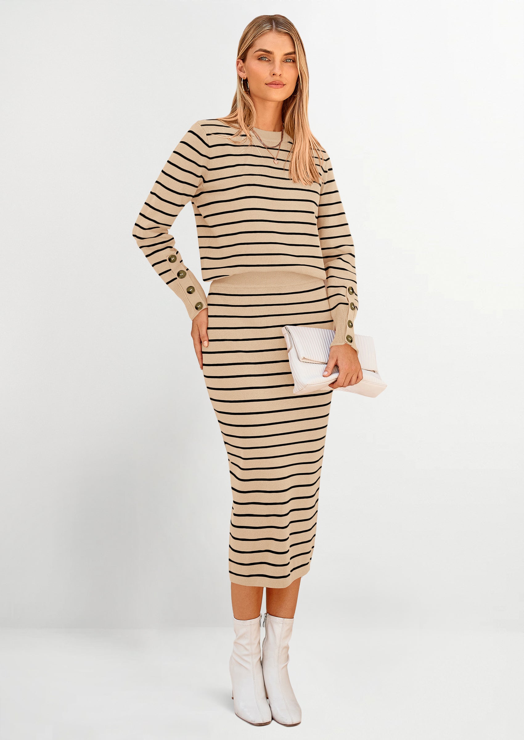 PRETTYGARDEN 2 Piece Skirts Sets For Women Fall Fashion Striped Sweater Dress Knit Lounge Travel Outfits Winter Clothing