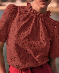 Women Trendy Short Sleeve Eyelet Embroidered Dressy Casual Blouse