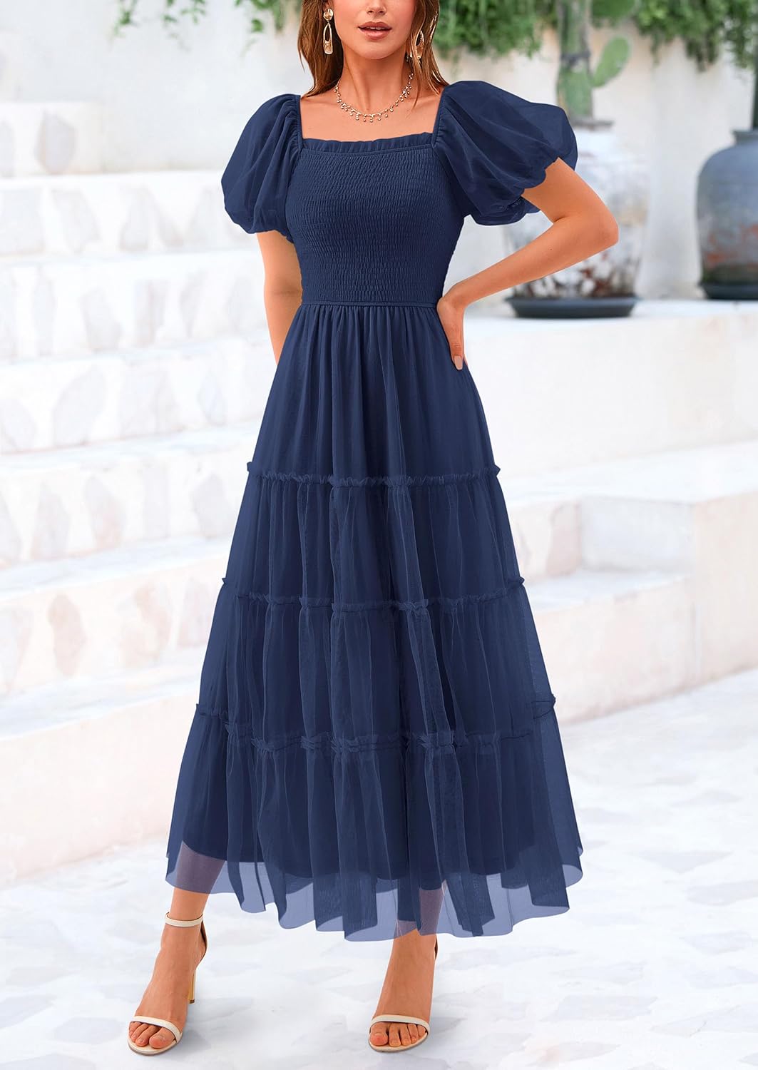 Women's Smocked Midi Tulle Dress 2025 Summer Puffy Short Sleeve Square Neck Ruffle Wedding Guest Party Dresses