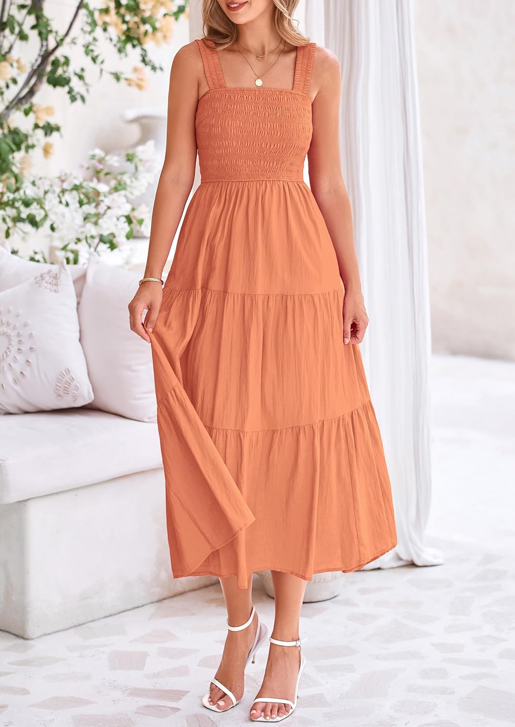 Womens Smocked Summer  Ruffle A Line Long Flowy Dresses Cute Sleeveless Beach Sundress Midi Dress