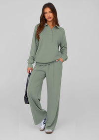 PRETTYGARDEN Women Fall 2 Piece Outfits Sweatsuits Quarter Button Long Sleeve Sweatshirt Wide Leg Pants Tracksuit Lounge Sets