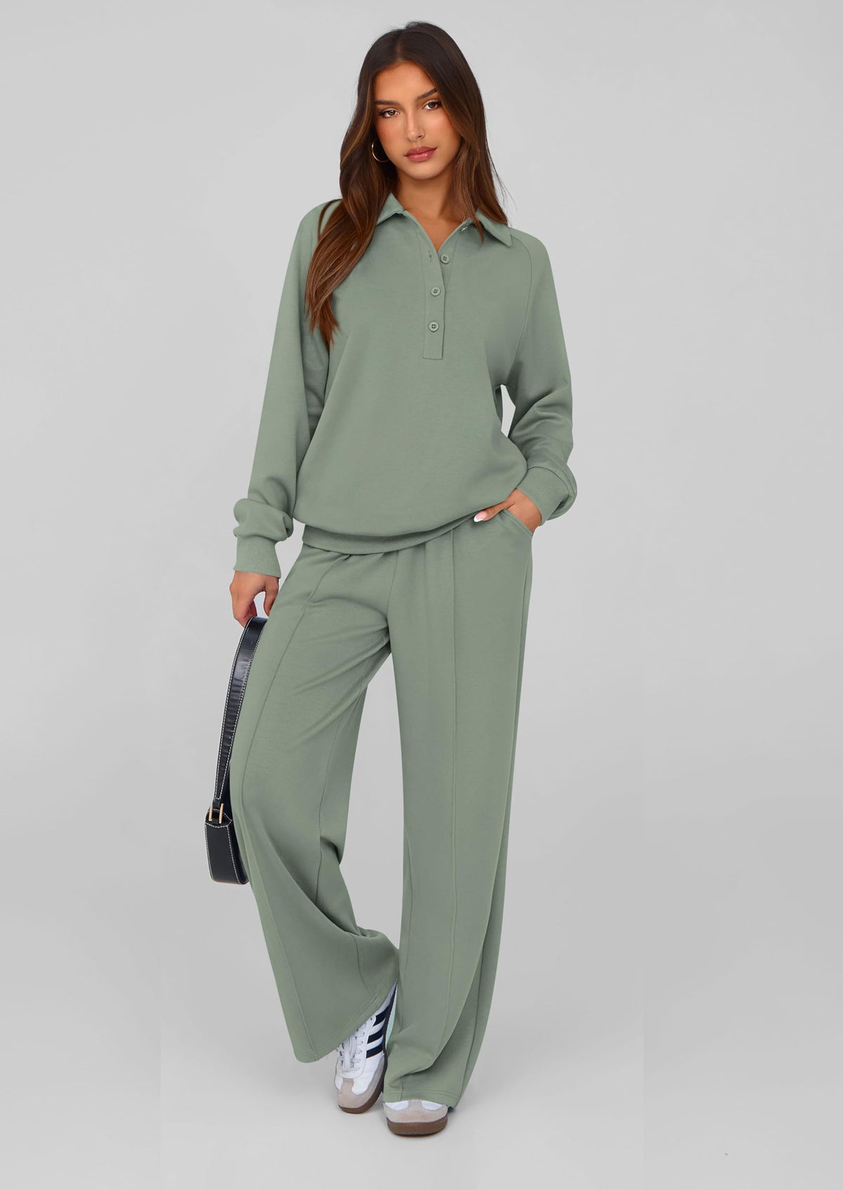 PRETTYGARDEN Women Fall 2 Piece Outfits Sweatsuits Quarter Button Long Sleeve Sweatshirt Wide Leg Pants Tracksuit Lounge Sets