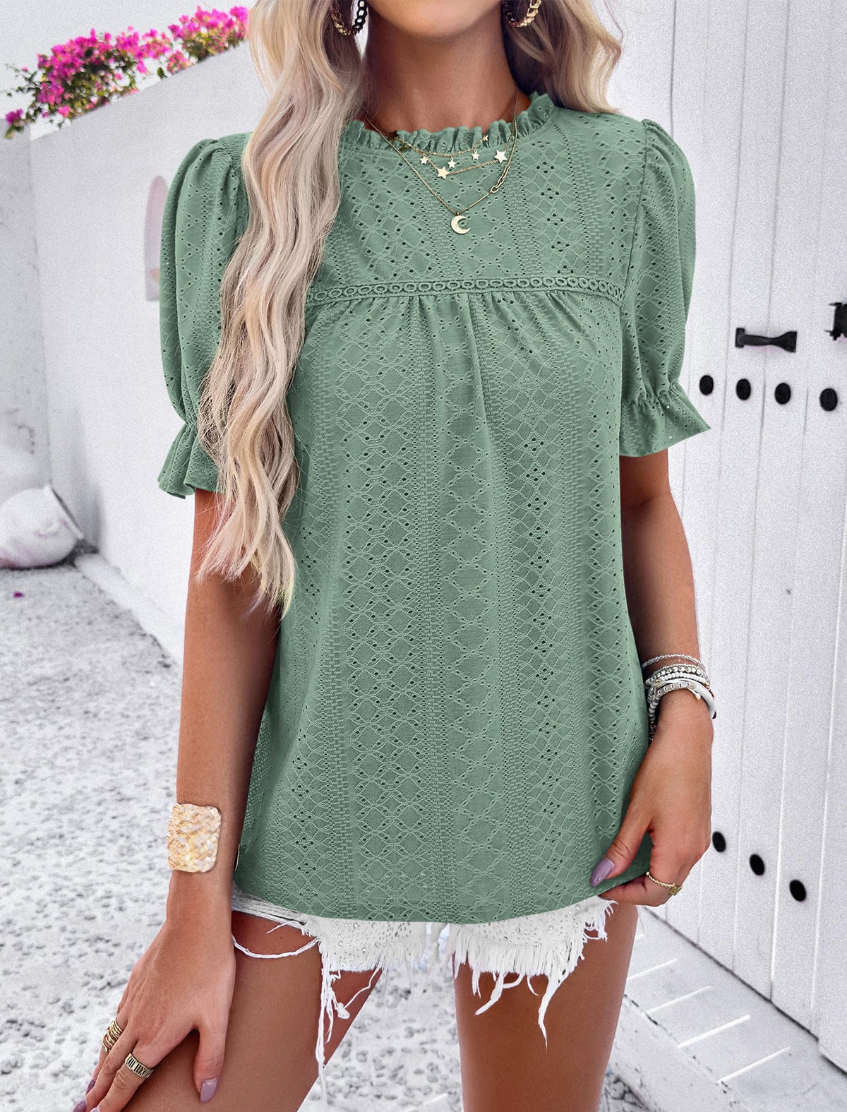 Casual Crew Neck Ruffle Short Sleeve Eyelet Babydoll Blouse