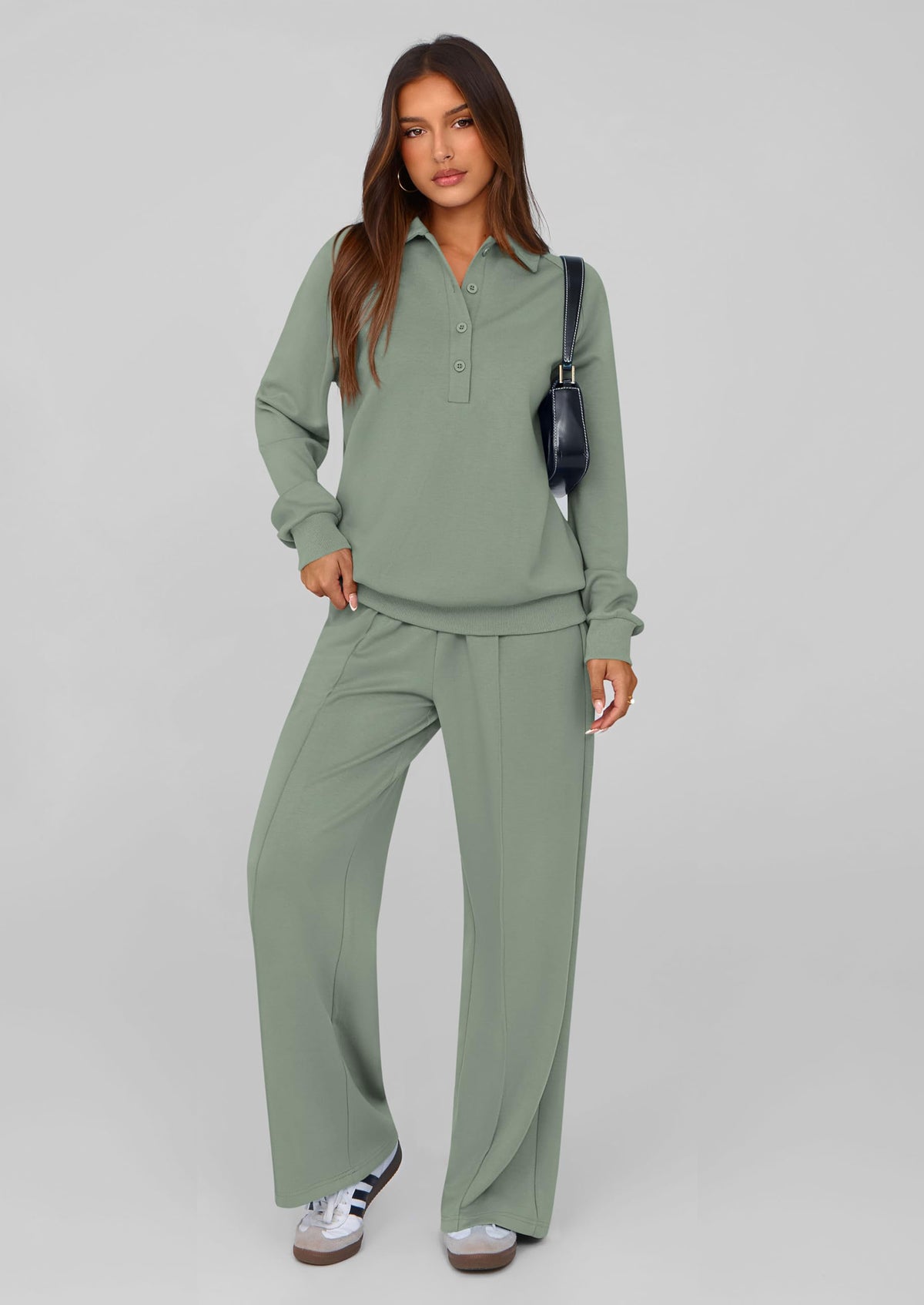 PRETTYGARDEN Women Fall 2 Piece Outfits Sweatsuits Quarter Button Long Sleeve Sweatshirt Wide Leg Pants Tracksuit Lounge Sets