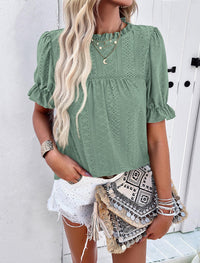 Casual Crew Neck Ruffle Short Sleeve Eyelet Babydoll Blouse